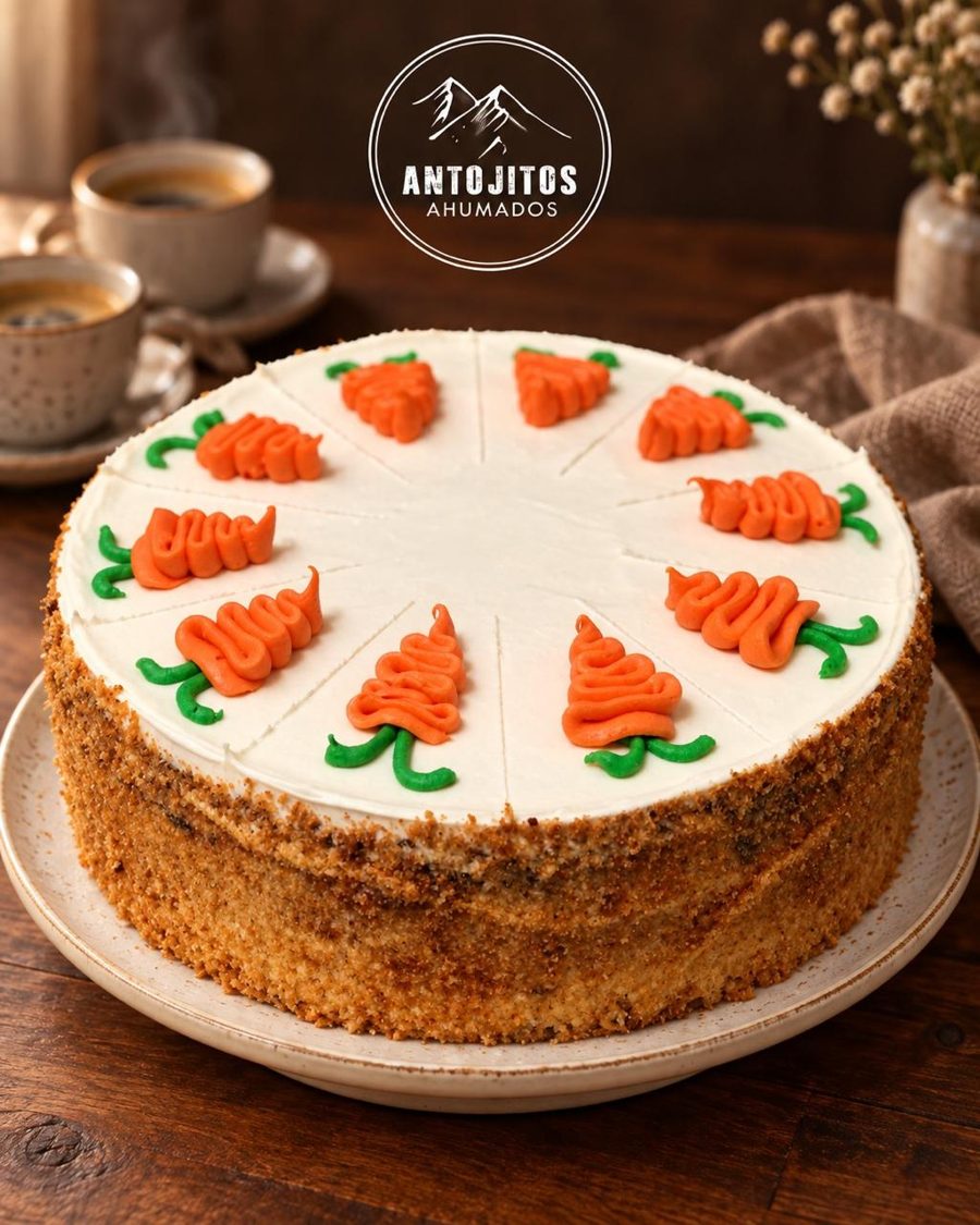 Torta de zanahoria entera de Antojitos Ahumados, decorada con zanahorias de crema